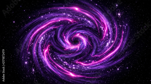 Naklejka 無数の星雲と稲妻のような光の帯が中心の暗黒へと吸い込まれる紫色の宇宙の渦