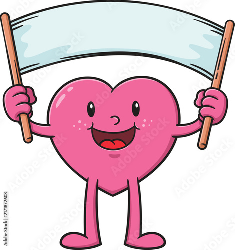 Smiling cartoon heart character standing while holding a blank white banner