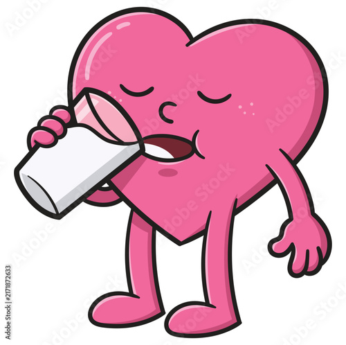Cartoon character of a healthy heart in healthy life style holding and drinking a glass of milk