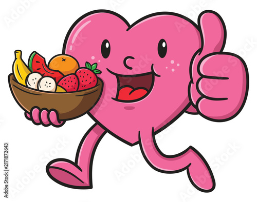 Cartoon character of a cheerful heart holding a bowl of tropical fruit while doing thumbs up hand sign