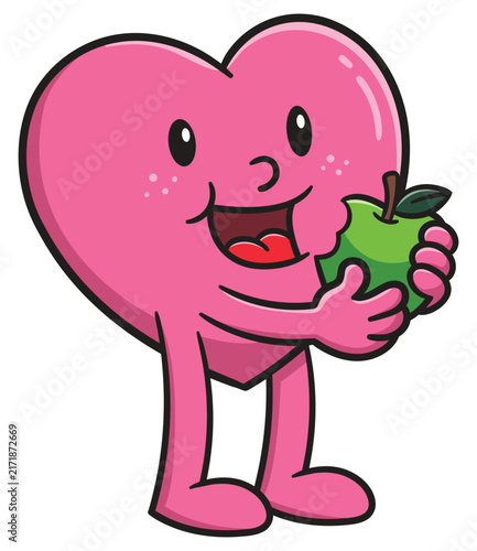 Heathy heart cartoon character eating a fresh apple