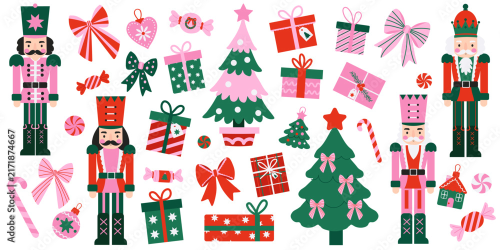 Fototapeta premium Big Christmas clipart set with wooden nutcracker soldiers, pine trees, gift present boxes, bows, and sweets isolated on white background. Festive holiday decor collection for cards.