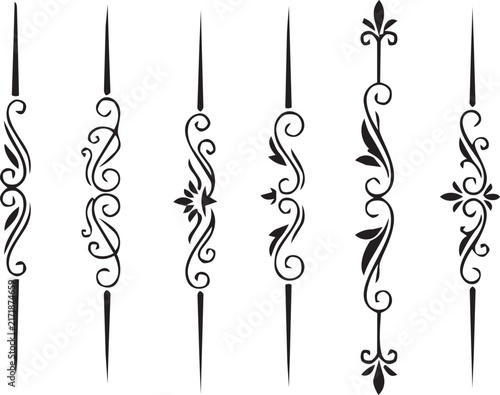 Set of six black vintage decorative vertical dividers and floral flourish border elements for elegant design