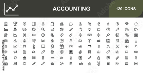 Sheet with 120 flat accounting symbols on white background