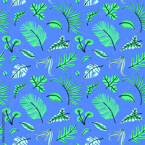 Blue Tropical Leaf Seamless Pattern