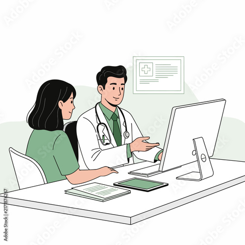 Doctor Patient Consultation Discussing Medical Information On Computer Screen