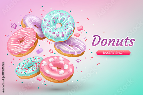 Banner for bakery shop with colorful chocolate donuts sprinkles sugar glaze, marshmallows and chopped nuts. Fast food isolated on the pink background. Realistic style. 