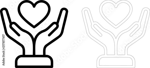Charity and Healthcare Support line icon set. Featuring hands holding a heart for donation care