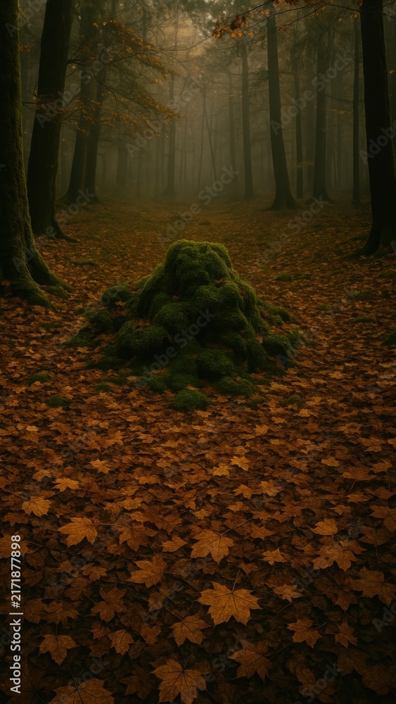 Fototapeta premium Misty forest with fallen leaves mobile wallpaper