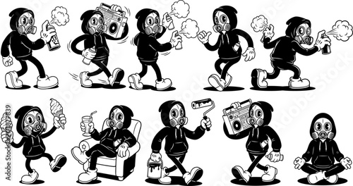 Graffiti Hip-Hop Cartoon character in various poses with vintage comic style