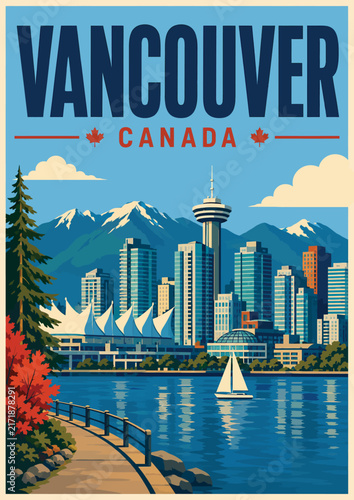 _0100-38-Vancouver city skyline and mountains with canada place in retro travel poster style