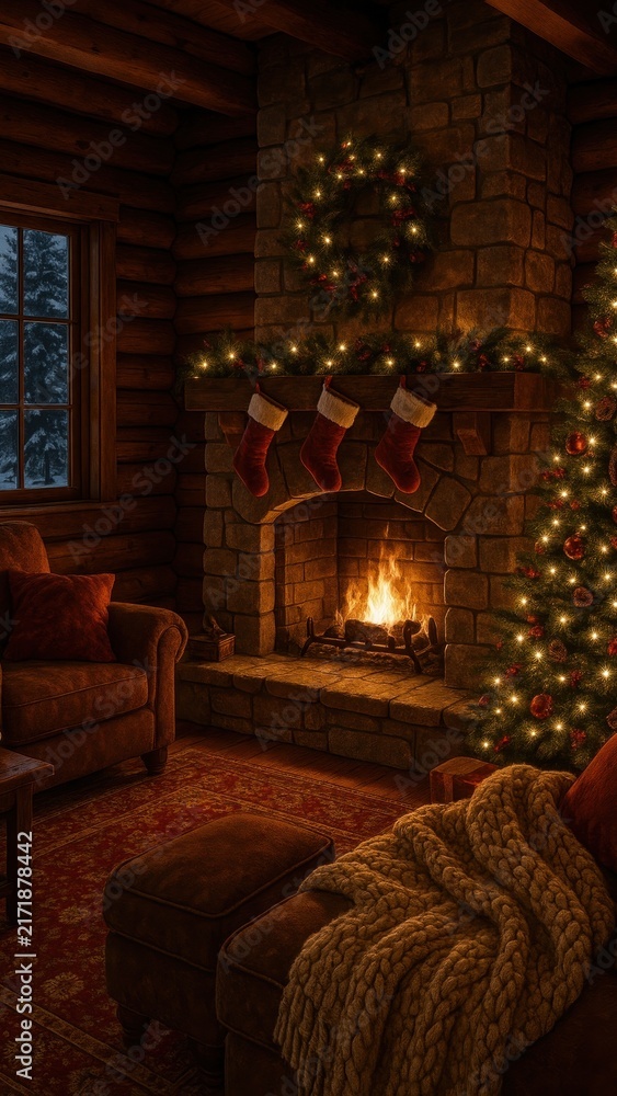 Naklejka premium Cozy festive cabin fireplace scene mobile wallpaper