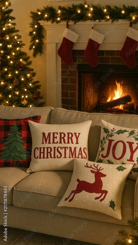 Naklejka premium Cozy festive holiday fireplace scene mobile wallpaper