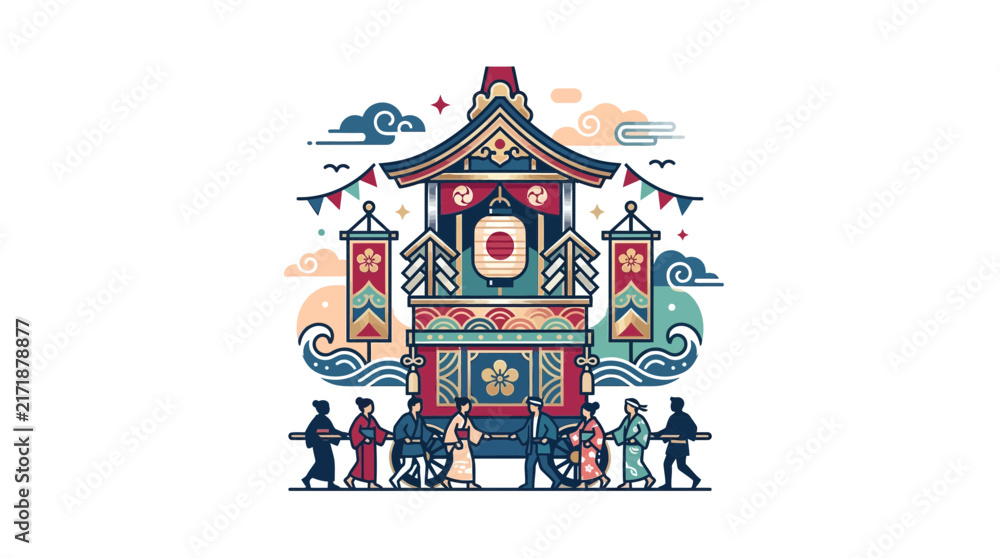 Naklejka premium Japanese festival float with waves and festive banners.