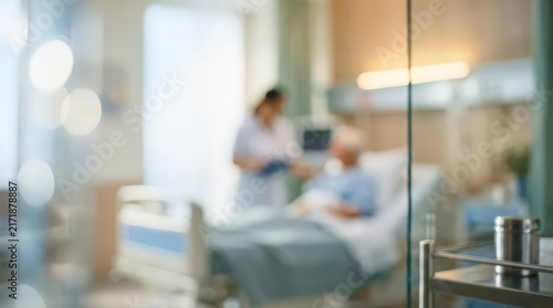 Blurred hospital room interior showing a healthcare professional attending to a patient in a bed. Soft focus composition captures a clinical environment with medical equipment and light.