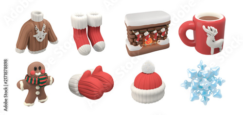 3D Inflated Christmas Vector Icon Set with Sweater, Fireplace, Gingerbread, Mug from Cozy Winter Holiday Collection