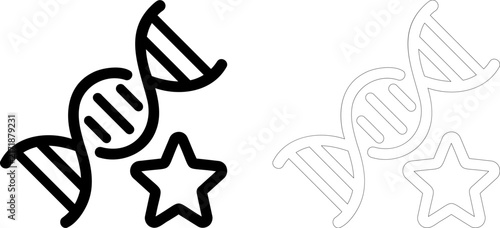 DNA Helix and Star Icon Set. Biological Research and Scientific Excellence. Black Line Vector Art