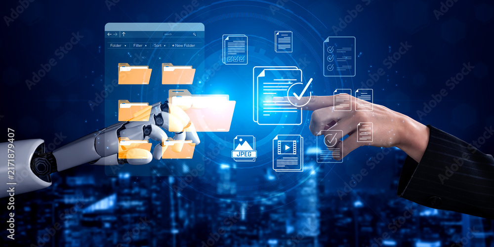 Obraz premium Futuristic Interaction Between Human Hand and Robotic Arm Showcasing Digital Data Management and Technology Transformation in a Modern Setting Sigmoid