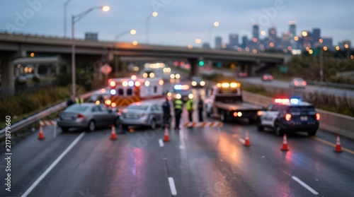 Emergency vehicles and police cars respond to a traffic accident on a highway at dusk. Blurred lights from sirens and city skyline create a dramatic scene of road safety operations.