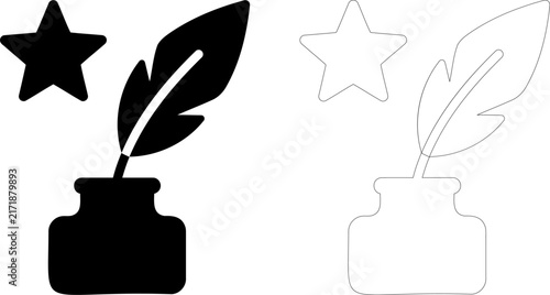 Inkwell and feather quill solid icon set. Features ink bottle and star. Creative writing icons