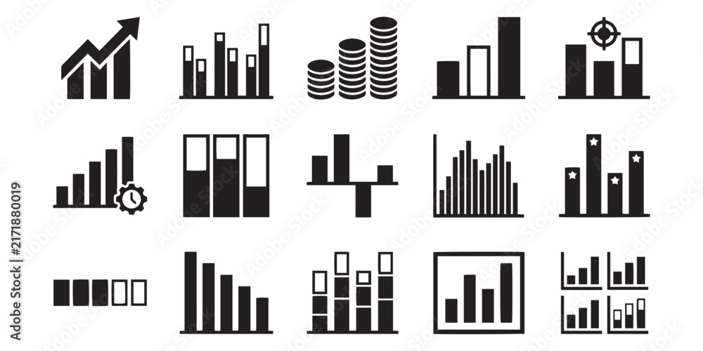 Obraz premium Black Silhouette Icons Representing Business Growth Charts And Financial Statistics On A White Background