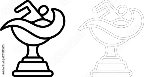 Swimming trophy icon set. Featuring swimmer athlete and wave on award cup. Line art vector icons