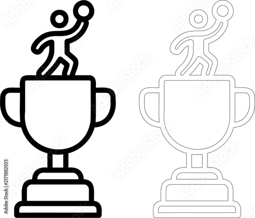 Basketball championship trophy icons. Winner cup with athlete holding ball. Outline vector set