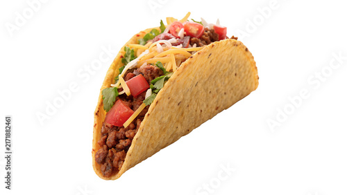 Delicious traditional Mexican taco with meat and vegetables isolated on a white background