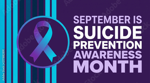 Suicide Prevention Awareness Month graphic with teal and purple ribbon on dark background