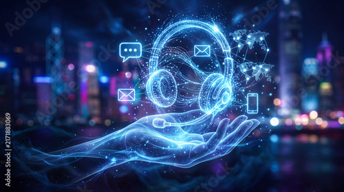 Close up of a hand holding a glowing holographic customer support interface with headset and IT service icons.