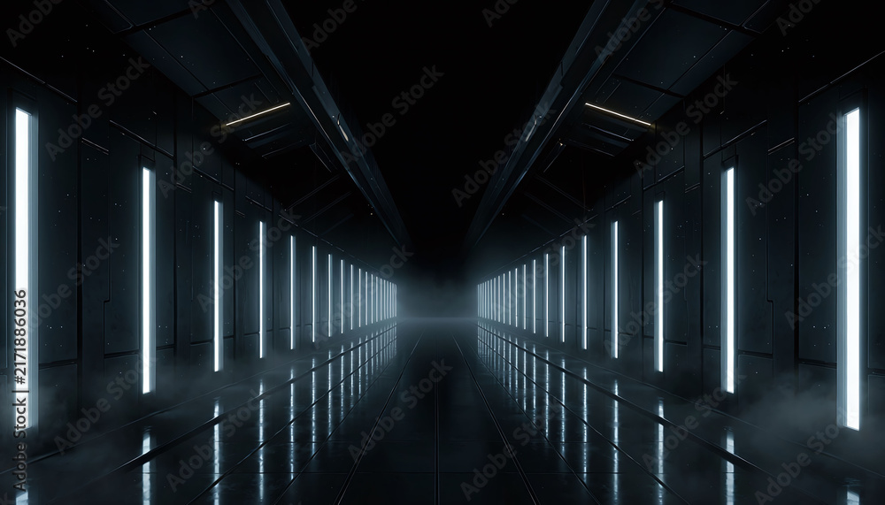 Fototapeta premium An empty, dark futuristic corridor with glowing white neon light panels and a highly reflective glossy floor shrouded in mysterious fog. Perfect for scifi concepts, nobody.