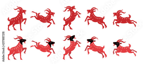 2027 Year of the Goat Red Paper Cut Style Chinese Zodiac Goat Set, Traditional Folk Art Goats in Running, Jumping and Standing Poses for Lunar New Year Design