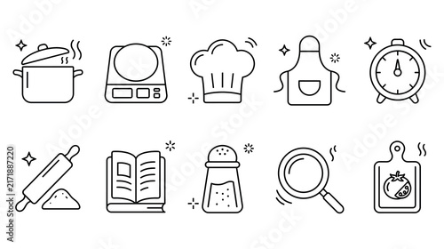 Kitchen cooking tools set featuring simple culinary equipment outlines.