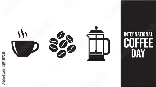 International Coffee Day icons featuring hot cup beans and a french press for cafe branding in simple black style