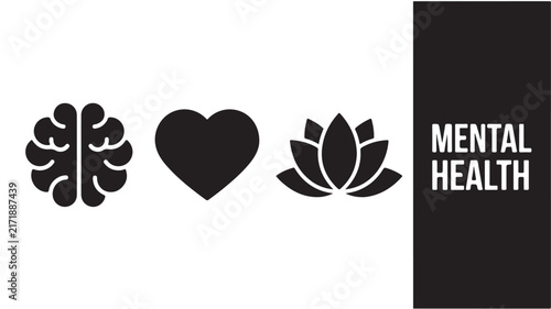 Mental health concept featuring brain heart and lotus flower icons in a minimalist black and white flat graphic design