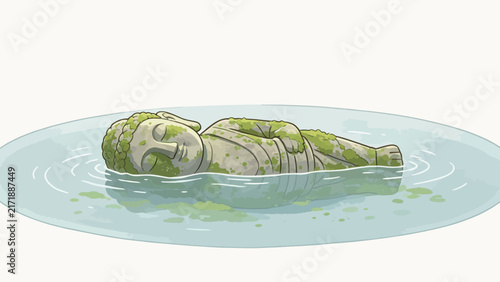 Serene Stone Buddha Statue Floating in Calm Water with Mossy Texture