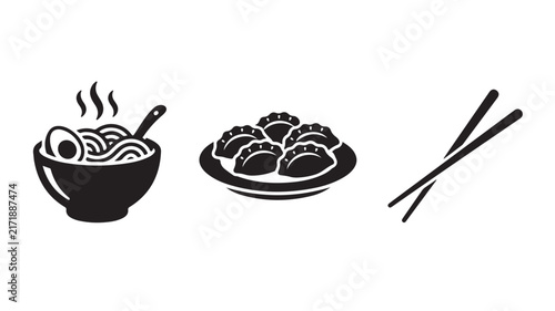 Black silhouette icons of ramen bowl steamed dumplings and wooden chopsticks isolated on white background for asian food menu design