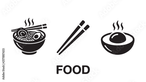 Set of black ramen bowl and chopsticks icons for Asian culinary restaurant menu design as a simple vector illustration