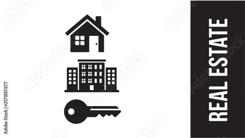 Black and white real estate icon set featuring house building and key symbols for modern property development design projects