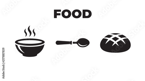 Black and white food icons featuring a hot soup bowl with spoon and fresh bread loaf graphic design element