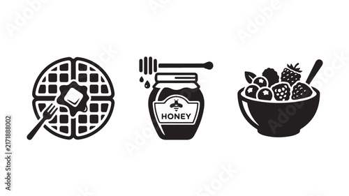 Fresh waffle with butter honey jar and fruit bowl icons presented in a clean minimalist black silhouette style