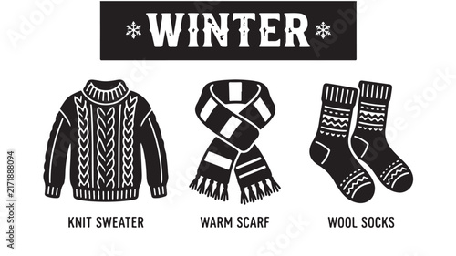 Set of winter knit sweater scarf and wool socks icons presented in a clean black and white vector style