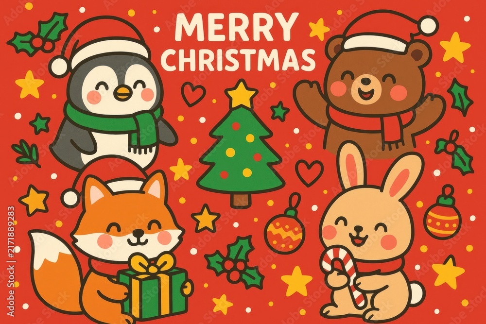 Naklejka premium Festive animals celebrate Christmas joyfully.