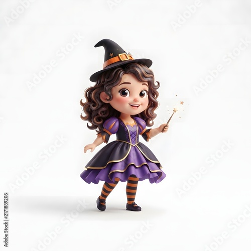 Young cheerful witch girl in a vibrant purple dress holding a glowing magic wand with stars under a night sky
