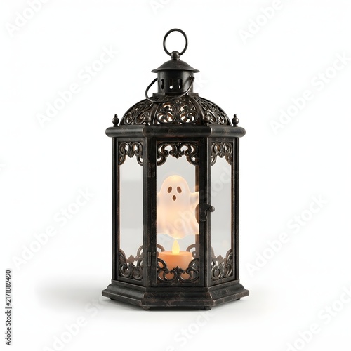 Intricate Black Metal Lantern Featuring a Glowing Ghost Silhouette and Lit Candle Inside for Halloween Decor