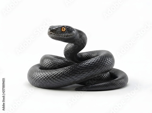 Close-up portrait of a striking black rat snake coiled elegantly with intricate scale patterns and piercing eyes