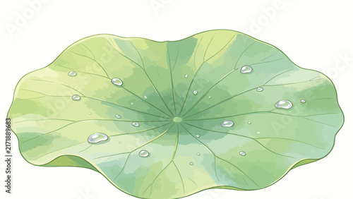 A delicate watercolor illustration of a fresh green lotus leaf adorned with sparkling raindrops, featuring