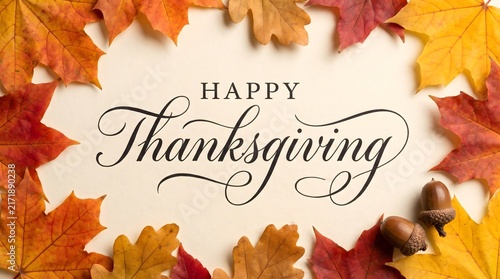 Happy thanksgiving lettering typography framed by colorful autumn leaves and acorns with typography