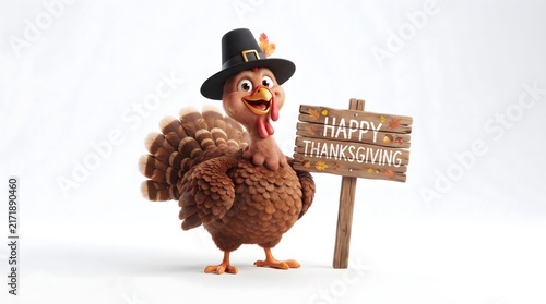 Funny cartoon turkey in pilgrim hat standing next to wooden sign with happy thanksgiving text