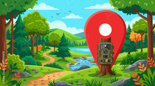 Forest trail landscape with location pin and camera.